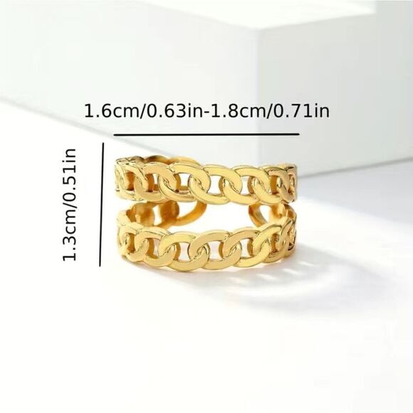 18K Gold Plated Chain Ring – Double Layer Adjustable Open Band, Stainless Steel - Picture 4 of 5